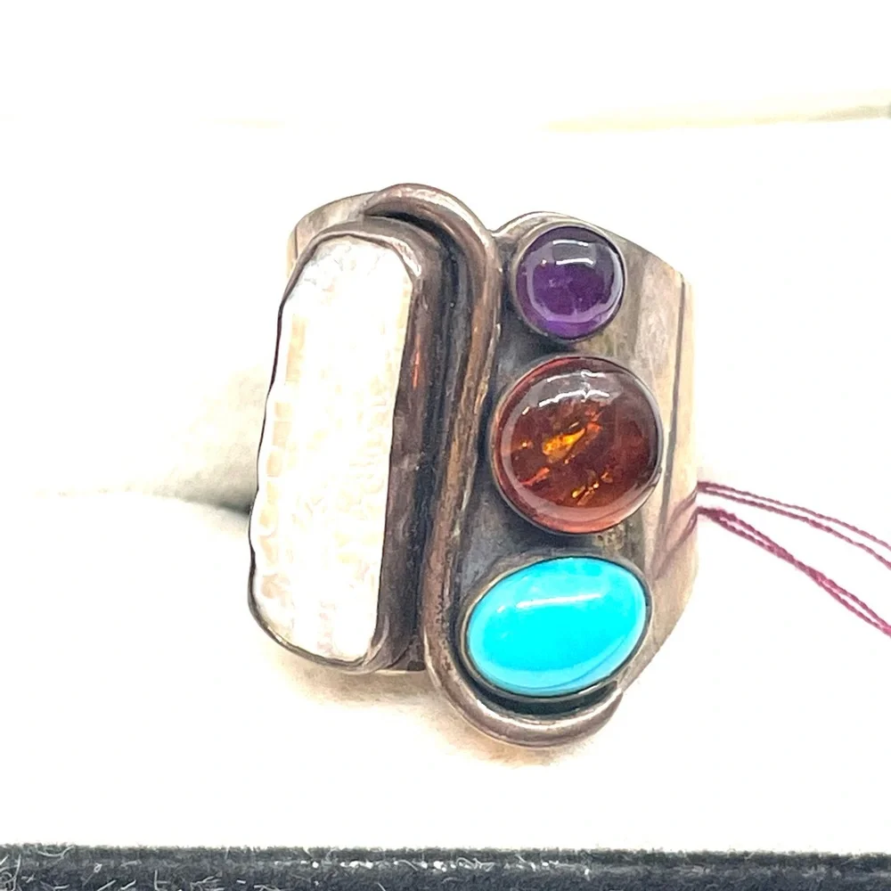 Sterling Southwestern Pearl Turquoise & Gemstone Ring
